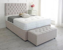 Slumbre Chesterfield Chenille Divan Bed, With Pocket Mattress & Ottoman Storage Box - 6Ft Super King - Stone - 2 Drawers Same Side