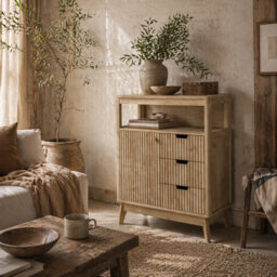 Wyld Haus Cova Vira Compact Sideboard Natural Wood Finish - 3 Drawers, Adjustable Shelving, Fluted Panels - thumbnail 1
