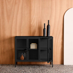 sweeek - Industrial metal and tempered glass sideboard with 3 doors black 100x35x80 cm - Arkansas - thumbnail 2