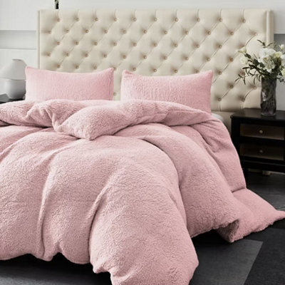 Winter Warm Soft Teddy Fleece Duvet Cover Set Cosy Fluffy Bedding With Matching Pillowcases (Pink)