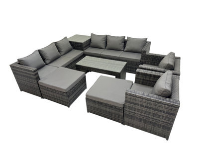 Fimous Garden Rattan Outdoor Furniture Set 10 Seater Patio Corner Sofa Oblong Coffee Table With Chair 2 Big Stool Side Table - image 1