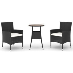 Berkfield 3 Piece Garden Bistro Set With Cushions Black Poly Rattan - thumbnail 2