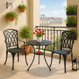 Centurion Supports Oshowa Garden And Patio Table And 2 Large Chairs With Armrests Cast Aluminium Bistro Set Black - thumbnail 6