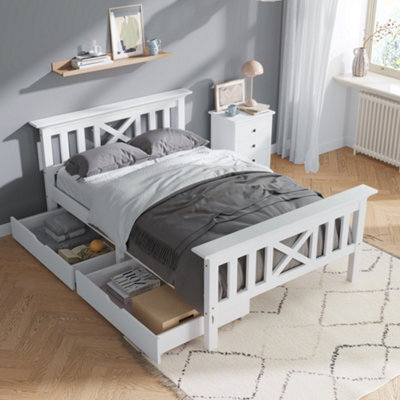 Matteo Sturdy Single Wooden Bed Frame With Storage Drawers, Solid Pine, 3Ft, White, 90X190Cm - image 1
