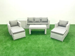 Fimous Rattan Garden Furniture Set 7 Seater Outdoor Garden Sofa 2 Chairs Oblong Coffee Table Set 2 Stools Side Table Light Grey - thumbnail 2