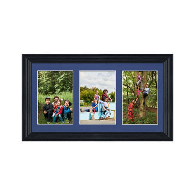 AK Frames 40X20Cm Black Classic Multi Photo Frame With Blue Mount - Holds 3 Apertures (3X) 6X4 Photos - image 1