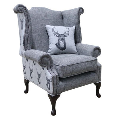 Chesterfield High Back Wing Chair Antler Stag Charcoal Grey Fabric In Queen Anne Style - image 1