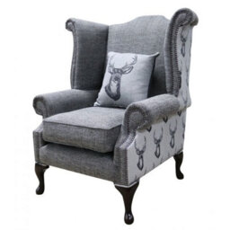 Chesterfield High Back Wing Chair Antler Stag Charcoal Grey Fabric In Queen Anne Style - thumbnail 2