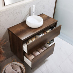 Homestylestore Dark Oak 1000mm Led Lit Wall Hung Bathroom Vanity Unit With Round Chalk Countertop Basin - thumbnail 2