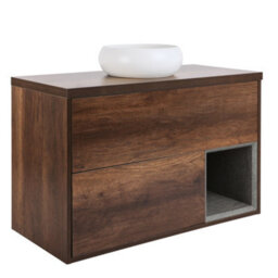Homestylestore Dark Oak 1000mm Led Lit Wall Hung Bathroom Vanity Unit With Round Chalk Countertop Basin - thumbnail 1