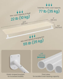 LEDREM Clothing Rack Wall Mounted, Clothes Rack, Wall Shelf With Hanging Rod, Hallway, Bedroom, Wardrobe, Natural Beige And Cloud White - thumbnail 5