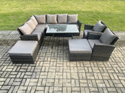 Fimous High Back Outdoor Garden Furniture Set Rattan Corner Sofa Dining Table Set With 2 Big Footstool - thumbnail 1