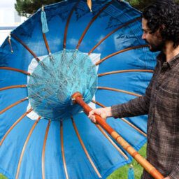 Serenityy Bali Patio Parasol 2M Height, 1.5M Round Cotton Canopy, Turquoise With Golden Accents - thumbnail 3