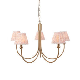 Luminosa Lighting Luminosa Santiago Brushed Aged Brass Plate Pendant Light With Peachy Keen Fabric Leaf Shade 16Cm 5X B22 - thumbnail 1
