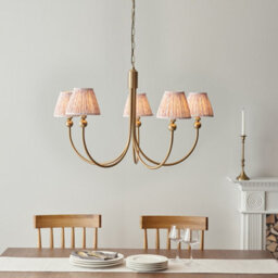 Luminosa Lighting Luminosa Santiago Brushed Aged Brass Plate Pendant Light With Peachy Keen Fabric Leaf Shade 16Cm 5X B22 - thumbnail 2