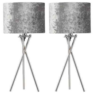 First Choice Lighting Set Of 2 Chrome Tripod Table Lamps With Grey Crushed Velvet Shades - image 1