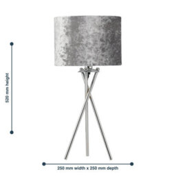 First Choice Lighting Set Of 2 Chrome Tripod Table Lamps With Grey Crushed Velvet Shades - thumbnail 7