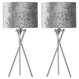 First Choice Lighting Set Of 2 Chrome Tripod Table Lamps With Grey Crushed Velvet Shades