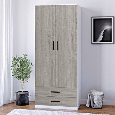 Urbnliving 180Cm Tall Wooden 2 Door Wardrobe White Carcass And Ash Grey Drawers With 2 Drawers Bedroom Storage Hanging Bar Clothes - image 1