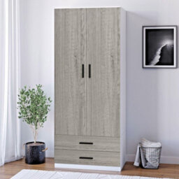 Urbnliving 180Cm Tall Wooden 2 Door Wardrobe White Carcass And Ash Grey Drawers With 2 Drawers Bedroom Storage Hanging Bar Clothes - thumbnail 1