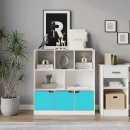 Urbn-Living Urbnliving Asymmetrical 8 Cube White Bookcase Freestanding Storage Unit With 3 Plain Doors - Blue - thumbnail 4