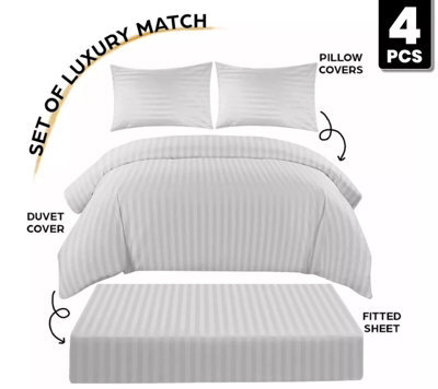 Ameha Silver Striped Microfibre Bedding Set King, Reversible & Breathable Duvet Cover, Fitted Sheet & Pillowcases - image 1