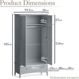 Christow Grey Double Wardrobe With Drawer 2 Door Bedroom Storage Furniture Cupboard - thumbnail 7