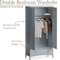 Christow Grey Double Wardrobe With Drawer 2 Door Bedroom Storage Furniture Cupboard - thumbnail 3