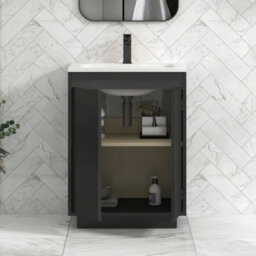 Royal Bathrooms Orion 600mm Matt Obsidian Black 2 Door Floor Standing Vanity Unit With Stone Basin & Black Strip - thumbnail 4