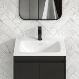 Royal Bathrooms Orion 600mm Matt Obsidian Black 2 Door Floor Standing Vanity Unit With Stone Basin & Black Strip - thumbnail 6