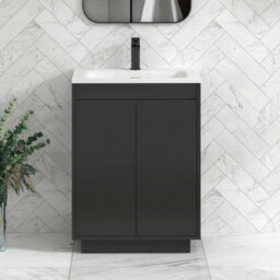 Royal Bathrooms Orion 600mm Matt Obsidian Black 2 Door Floor Standing Vanity Unit With Stone Basin & Black Strip - thumbnail 1