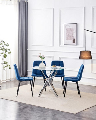 Kosy Koala Round Glass Dining Table Set With 4 Blue Velvet Chairs Dining Room Furniture - image 1