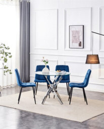 Kosy Koala Round Glass Dining Table Set With 4 Blue Velvet Chairs Dining Room Furniture