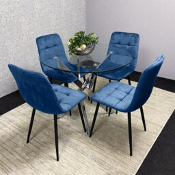 Kosy Koala Round Glass Dining Table Set With 4 Blue Velvet Chairs Dining Room Furniture - thumbnail 2