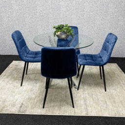Kosy Koala Round Glass Dining Table Set With 4 Blue Velvet Chairs Dining Room Furniture - thumbnail 3
