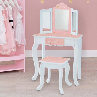 Teamson Kids Play Vanity Table Set, Children's Dressing Table With Mirror & Stool, Twinkle Stars, Pink/white - image 1