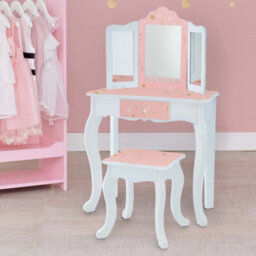 Teamson Kids Play Vanity Table Set, Children's Dressing Table With Mirror & Stool, Twinkle Stars, Pink/white