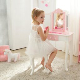 Teamson Kids Play Vanity Table Set, Children's Dressing Table With Mirror & Stool, Twinkle Stars, Pink/white - thumbnail 2