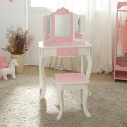 Teamson Kids Play Vanity Table Set, Children's Dressing Table With Mirror & Stool, Twinkle Stars, Pink/white - thumbnail 3