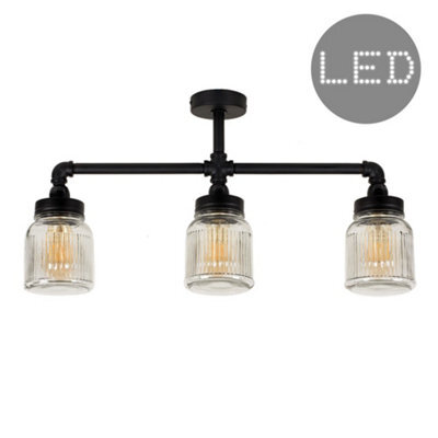 Valuelights Luiggi Satin Black 3 Way Bar Pipework Ceiling Light With Glass Ribbed Pattern Design Jar Shades With Led Bulbs - image 1