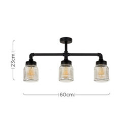 Valuelights Luiggi Satin Black 3 Way Bar Pipework Ceiling Light With Glass Ribbed Pattern Design Jar Shades With Led Bulbs - thumbnail 5