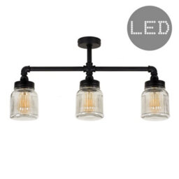 Valuelights Luiggi Satin Black 3 Way Bar Pipework Ceiling Light With Glass Ribbed Pattern Design Jar Shades With Led Bulbs