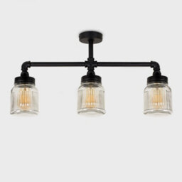 Valuelights Luiggi Satin Black 3 Way Bar Pipework Ceiling Light With Glass Ribbed Pattern Design Jar Shades With Led Bulbs - thumbnail 4