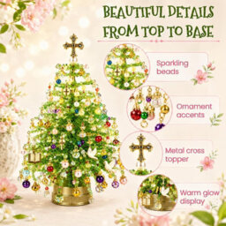 Amorly Diy Illuminated 3D Beaded Christmas Tree Craft Kit, Pastel Light Green, Tabletop Festive Decor, Colourful Beads & Ornament Charms - thumbnail 5