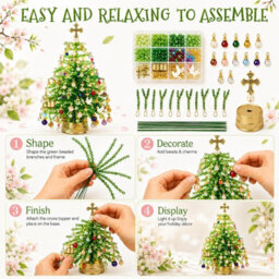 Amorly Diy Illuminated 3D Beaded Christmas Tree Craft Kit, Pastel Light Green, Tabletop Festive Decor, Colourful Beads & Ornament Charms - thumbnail 6