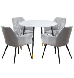 Hallowood Furniture Finley Small Round Dining Table In White Marble Finish With 4 Steel Grey Fabric Armed Chairs - thumbnail 8