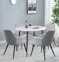Hallowood Furniture Finley Small Round Dining Table In White Marble Finish With 4 Steel Grey Fabric Armed Chairs