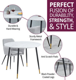 Hallowood Furniture Finley Small Round Dining Table In White Marble Finish With 4 Steel Grey Fabric Armed Chairs - thumbnail 2