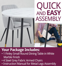 Hallowood Furniture Finley Small Round Dining Table In White Marble Finish With 4 Steel Grey Fabric Armed Chairs - thumbnail 7