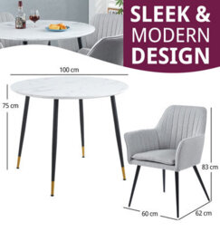 Hallowood Furniture Finley Small Round Dining Table In White Marble Finish With 4 Steel Grey Fabric Armed Chairs - thumbnail 3